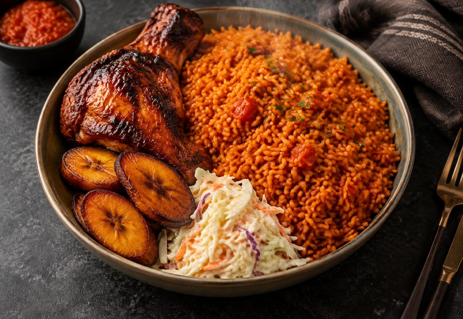 Jollof rice with grilled chicken and plantain